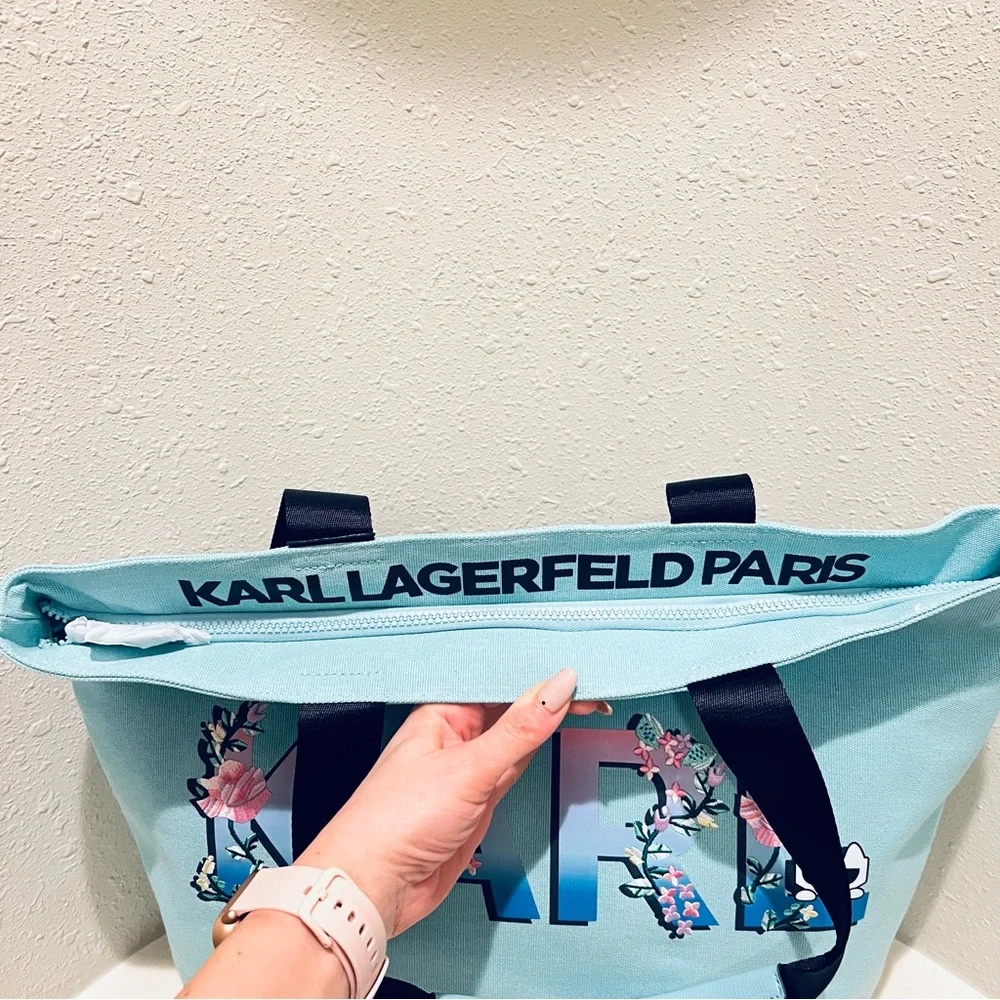 Karl Lagerfeld Paris Double Strap Canvas Floral Embroidered Logo Tote Bag NWT